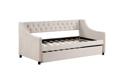 Daybed With Trundle Upholstered Tufted Sofa Bed, With Button And Copper Nail On Arms Full Size Beige