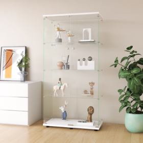 Wo-door Glass Display Cabinet 4 Shelves With Door, Floor Standing Curio Bookshelf For Living Room Bedroom Office, 64.7x31.7x14.3, White
