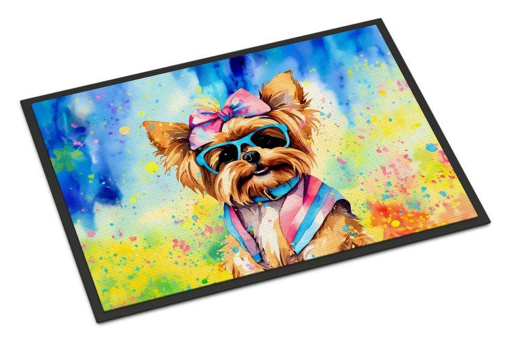 NEW Yorkshire Terrier Hippie Dawg Doormat Front Door Mat Indoor Outdoor Rugs for Entryway, Non Slip Washable Low Pile, 18H X 27W